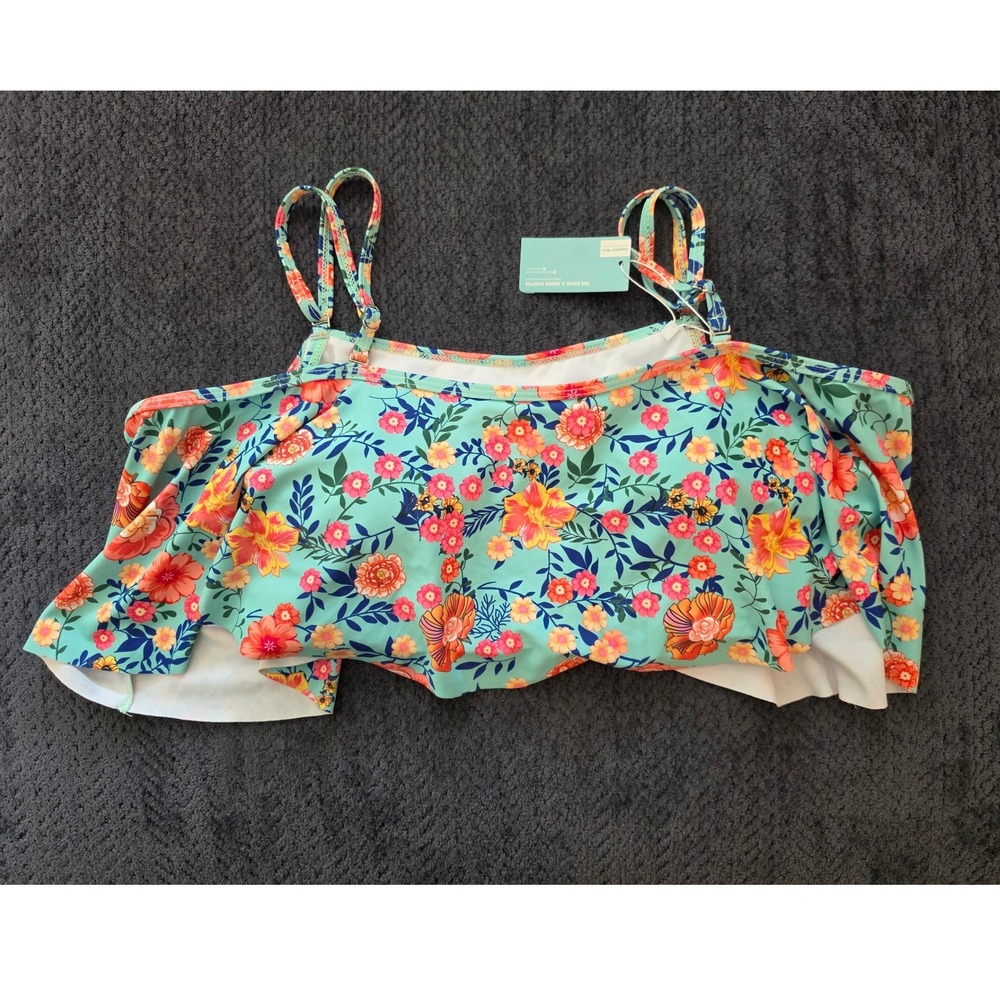 Summer Mae Womens Floral Flounce Bikini Top Mint Green Ruffle Swim Size M NEW